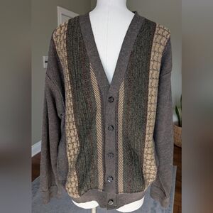 Vintage Cooper Men's Grandpa Cardigan Sweater Brown Grey Wool Blend Size L